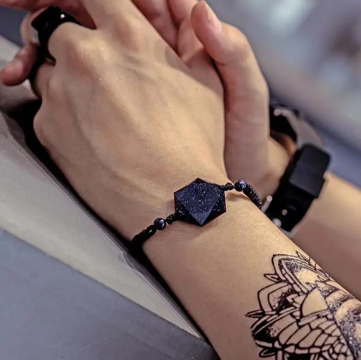 Прямая поставка черный браслет из обсидиана с шестью звездами голубой песчаник