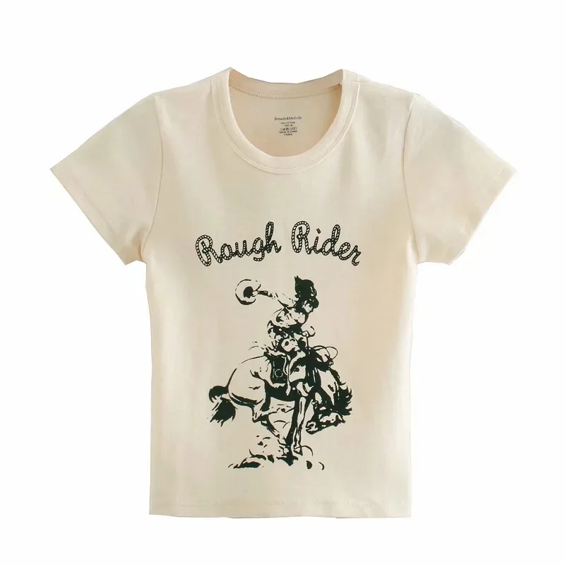 

Women Rough Rider Graphic Cotton Cropped Fit Tee Crop Tops Short Sleeved T-shirt In Beige Vintage Letter Print Sexy T-shirt 2021