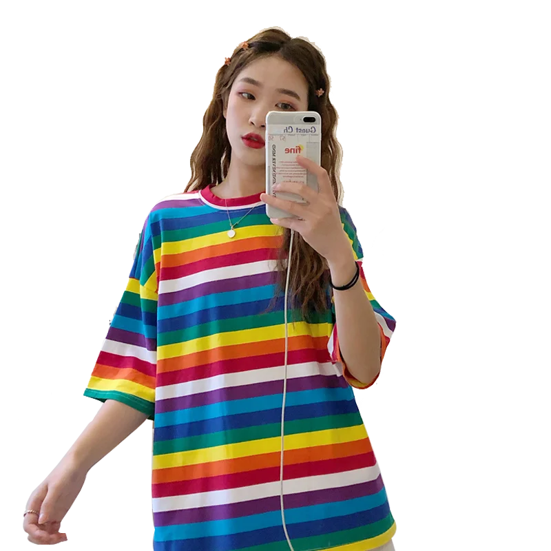 

New T Shirt Women Rainbow Striped Tops Harajuku Tshirt 2018 Summer Short Sleeve Korean Punk T-shirt camiseta feminina T8