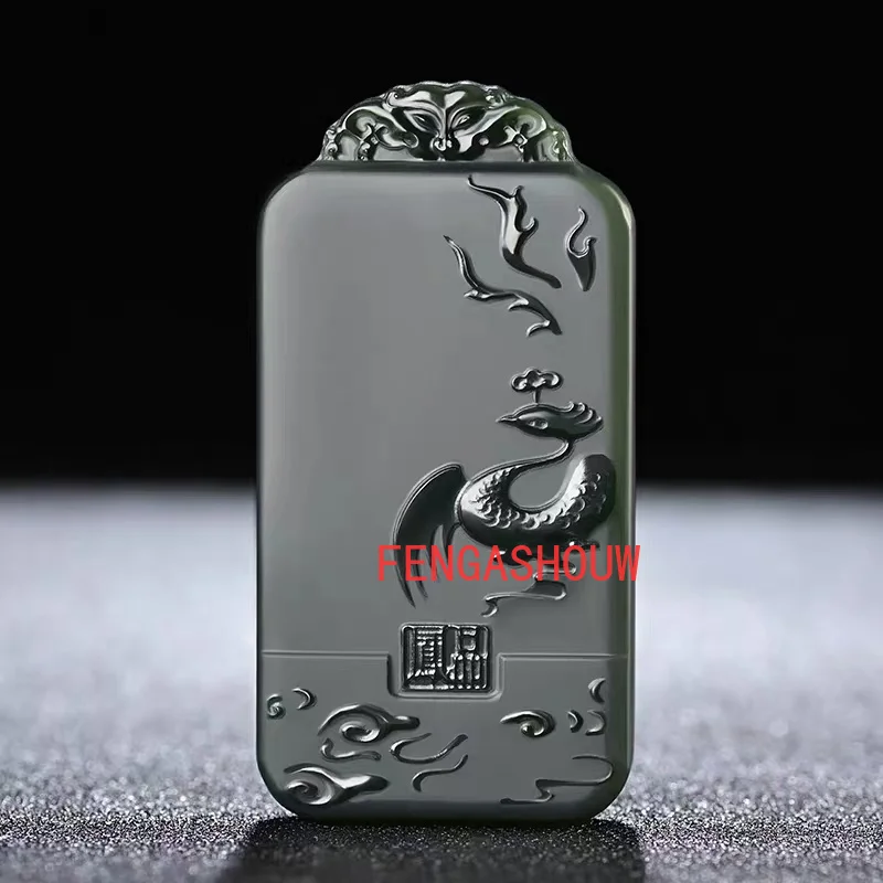 Двусторонняя подвеска из натурального нефрита с гравировкой дракона и феникса |