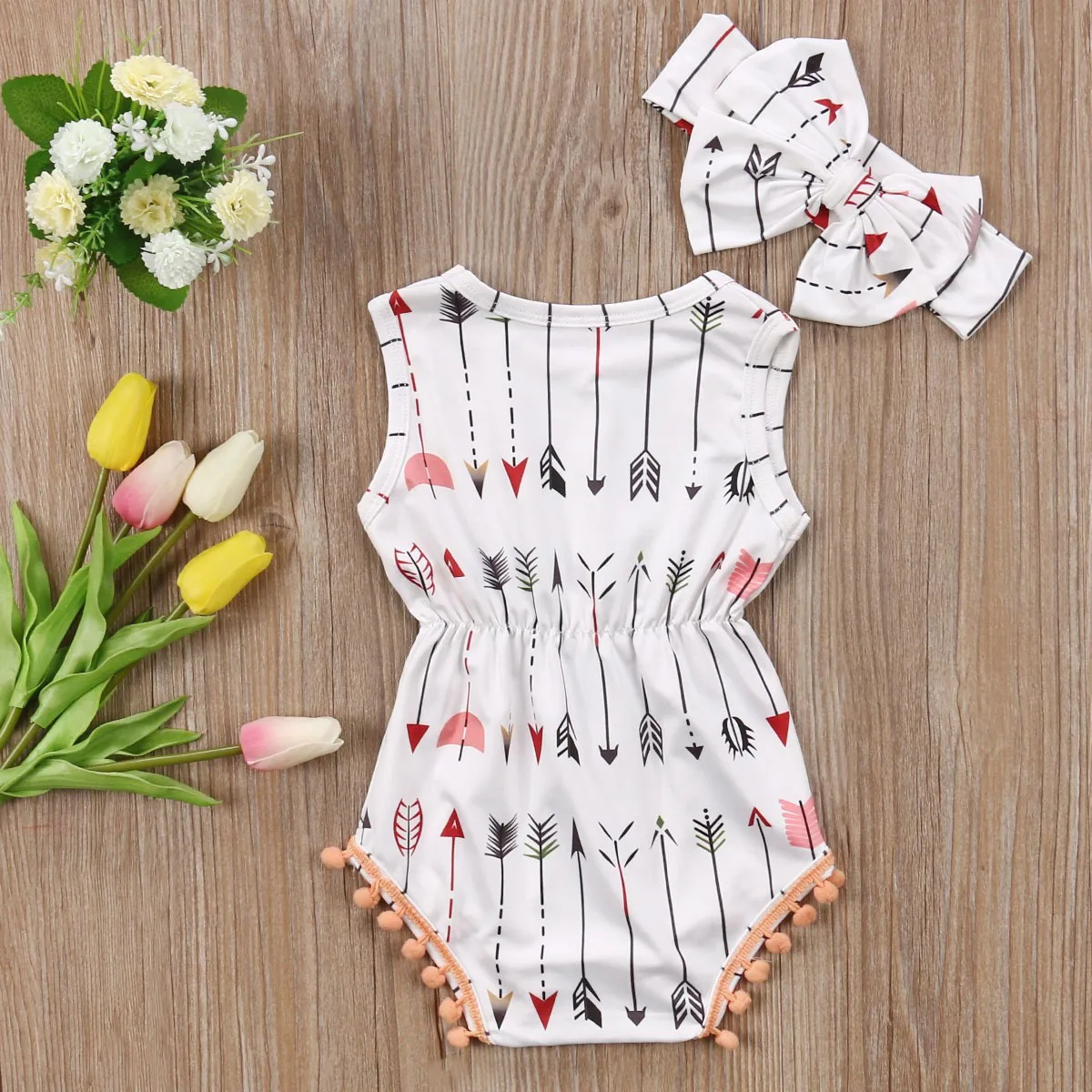 

Newborn Toddler Baby Girls Arrow Print Sleeveless O-Neck Elastic Waist Tassel Romper Jumpsuit Outfit Clothes 0-24M