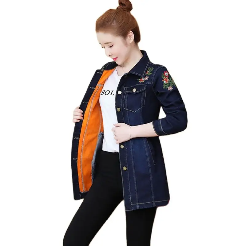 

New Fashion Embroidered Plus Velvet Women's Denim Jacket Keep Warm In Winter Slim Thin Temperament Long Female Outerwear Coat