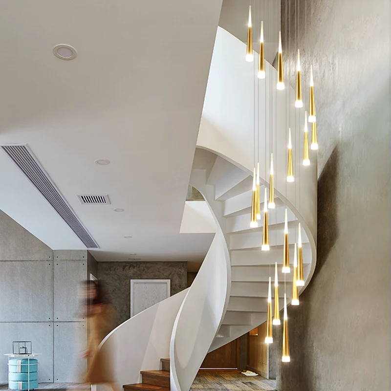 Escalera de techo con luces LED de lluvia de meteorito dorado, lámpara colgante en espiral minimalista, moderna, decoración para sala de estar, iluminación interior