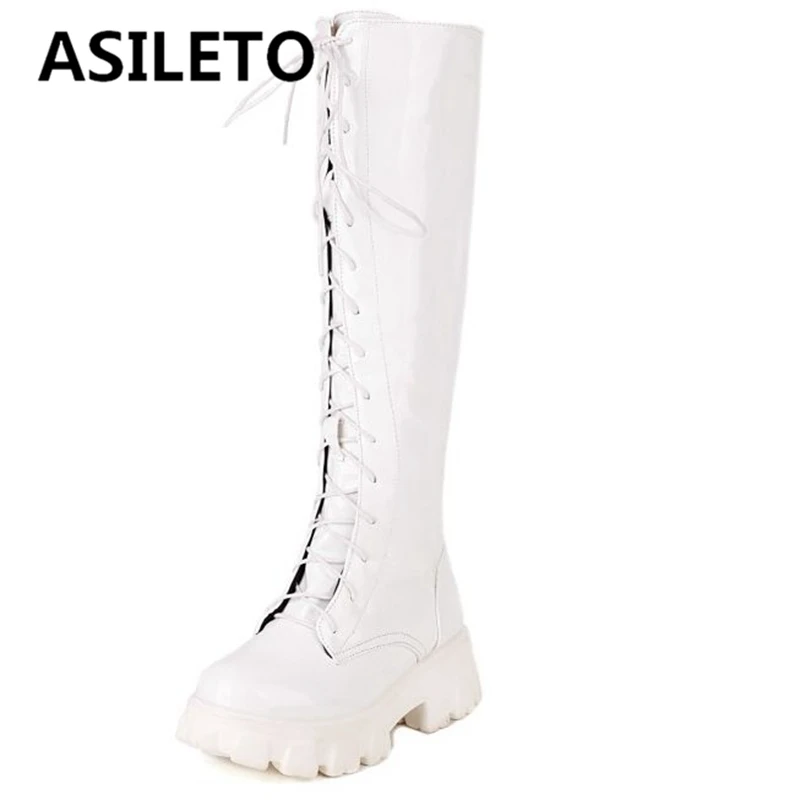 

ASILETO Woman Knee High Boots Sapato femenino Round Toe Low Heels Lace-up Platform Big Size 34-43 Solid Fashion Winter S2751