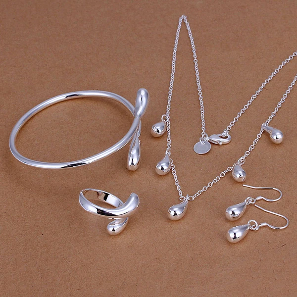 

925 Sterling Silver Jewelry Set,Water Drop Ring Necklace Bangles/Bracelet Earrings for Women 2020 Wedding Jewelry 4 Pcs Set