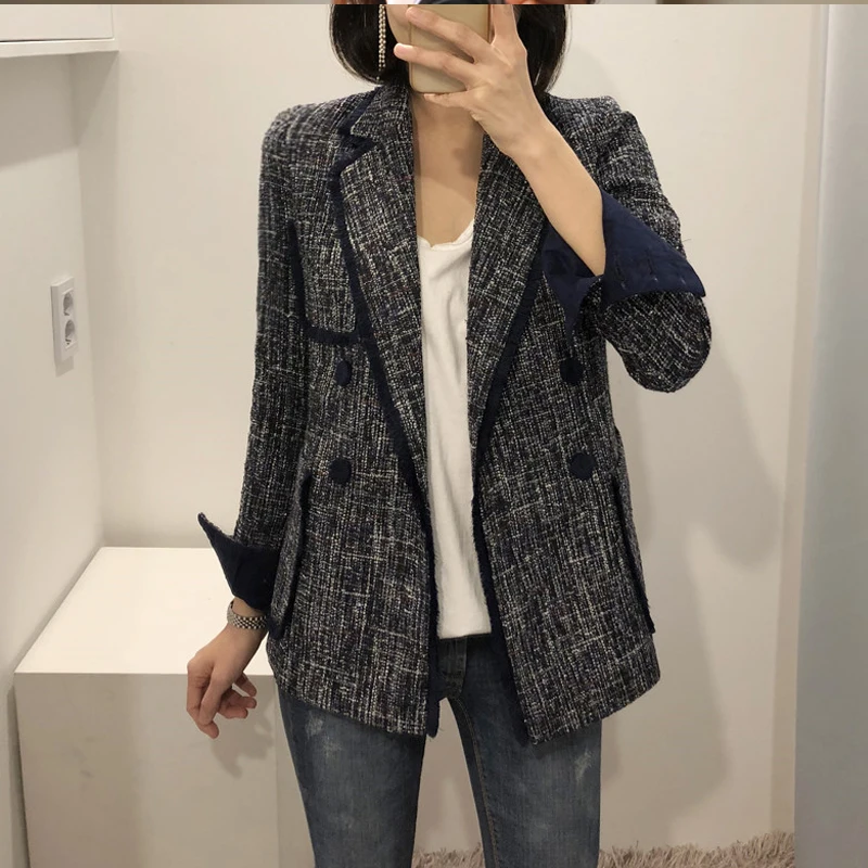 

Autumn Winter Vintage Plaid Tweed Jacket Coat Female Casual Long Sleeve Notched Collar Double Breasted Slim Jacket Top Outerwear