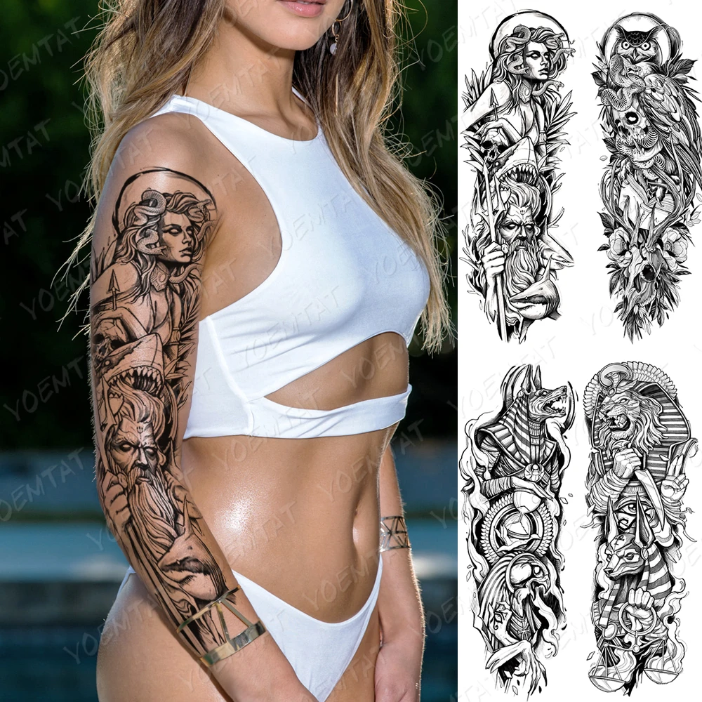 

Waterproof Temporary Big Arm Sleeve Tattoo Sticker Greek Goddess Medusa Poseidon Owl Flash Tattoos Woman Body Art Fake Tatto Men