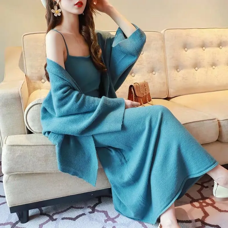 Осенний свитер модный костюм из двух предметов новинка 2019 вязаный кардиган с рукавами платье миди комплект