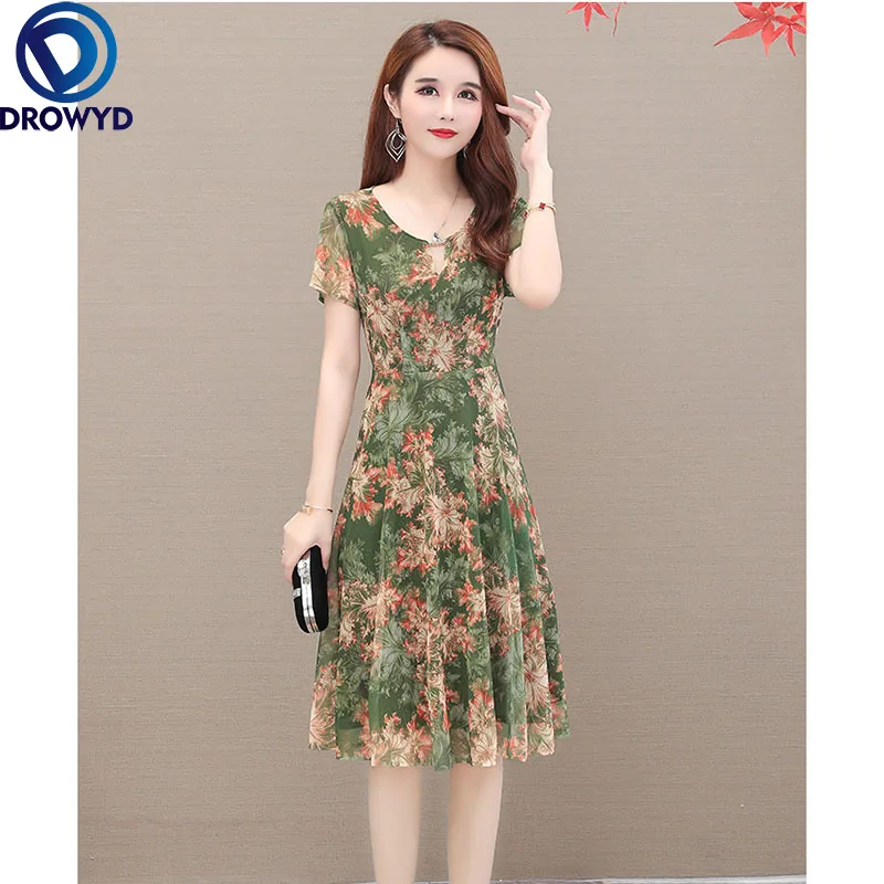 

2021 New Women Summer Dress Fashion Printed Chiffon Beach Dress Female Short-sleeved O-neck Korean Loose Dresses Party Vestidos