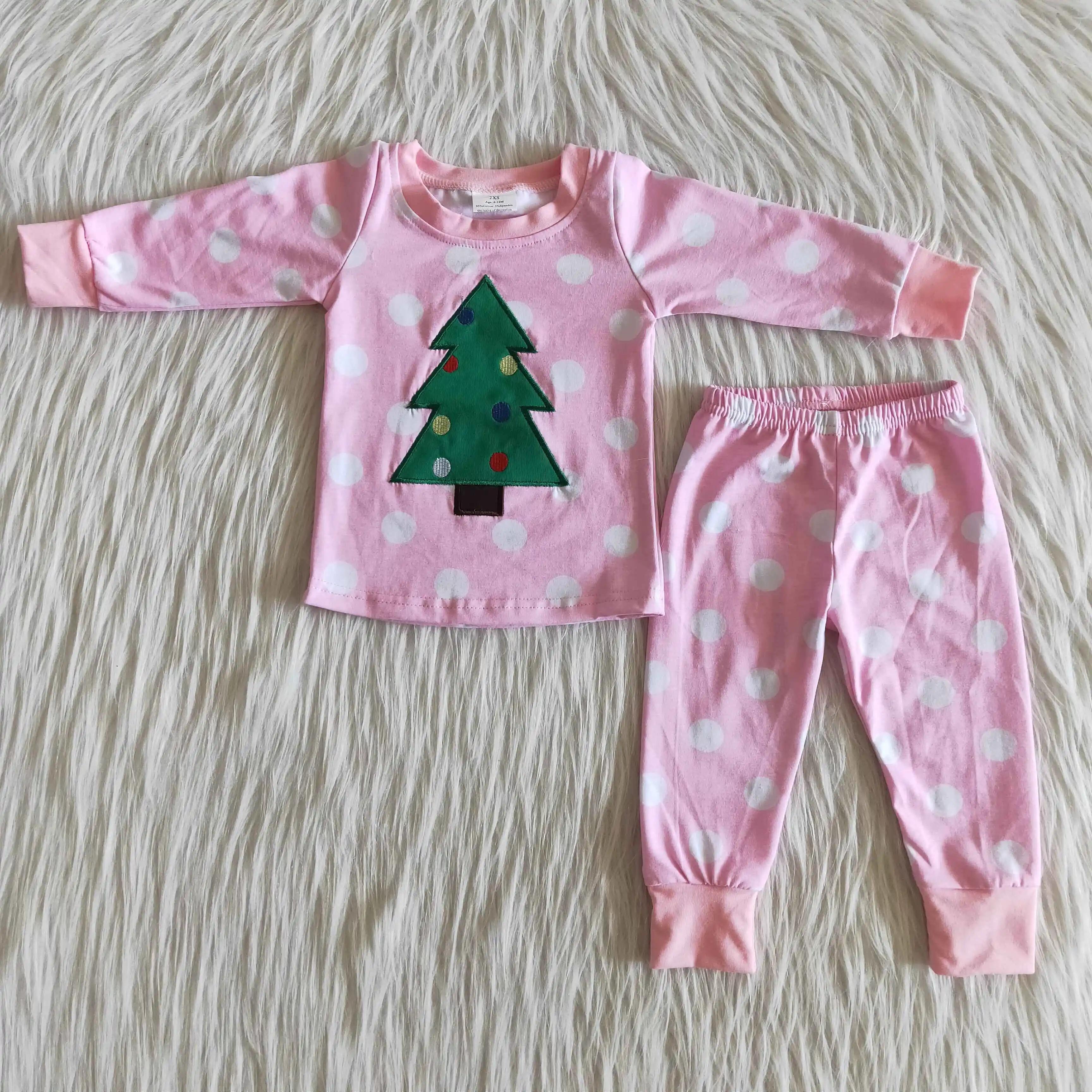 

Winter girl pajamas cotton comfortable cute pink top Christmas tree pants polka dot