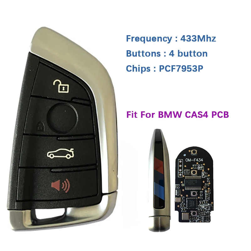 

CN006083 Вторичный рынок, 4-кнопочный умный дистанционный ключ для BMW CAS4 FEM с бесключевым входом, 434 МГц, чип PCF7953P, черная печатная плата, черный ко...