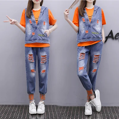 

Spring Jean Suit For Women 3 Piece Outfits Summer Jeans Womens Matching Set Casual Hooded Top&pants Set Women's Tracksuits