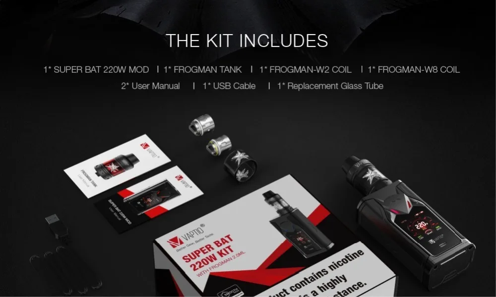 Подарок 5 шт катушек! VAPTIO супер летучая мышь 220 Вт Vape набор электронных сигарет 220 Вт коробка мод 2,0/5,0 мл бак Vape мод без батареи