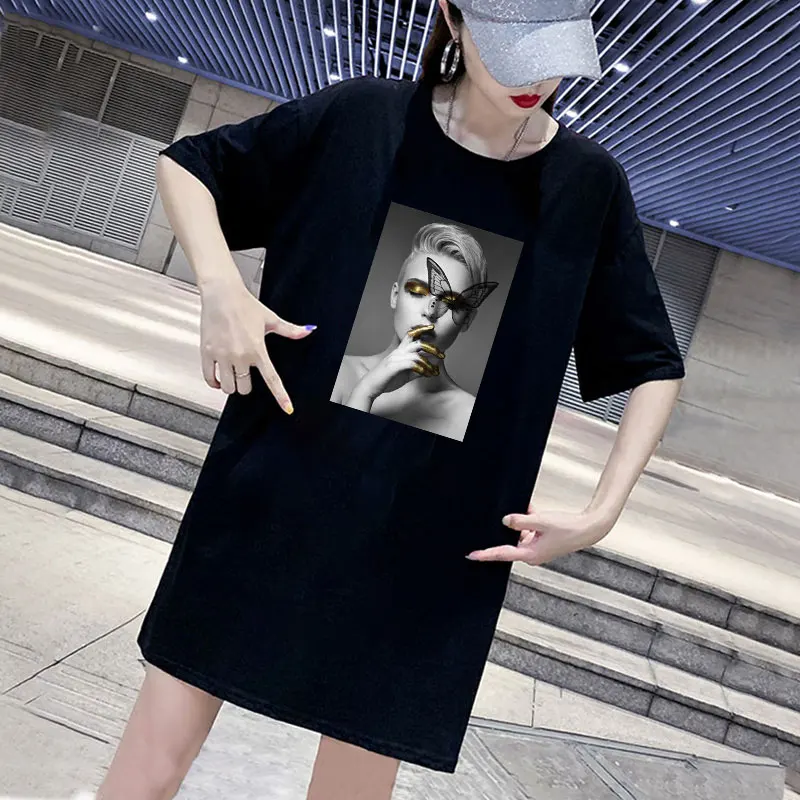 

Women Short Dress Tshirt Plus Size 5XL Butterfly Girl Print Short Sleeve Casual Loose Vintage Fashion Party Dresses Vestido Robe