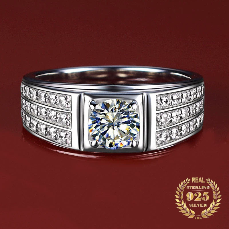 

Real 925 Sterling Silver Mens Rings Group Setting Engagement Proposal Gift Luxury Exquisite Elegance Noble Wedding Ring Jewelry