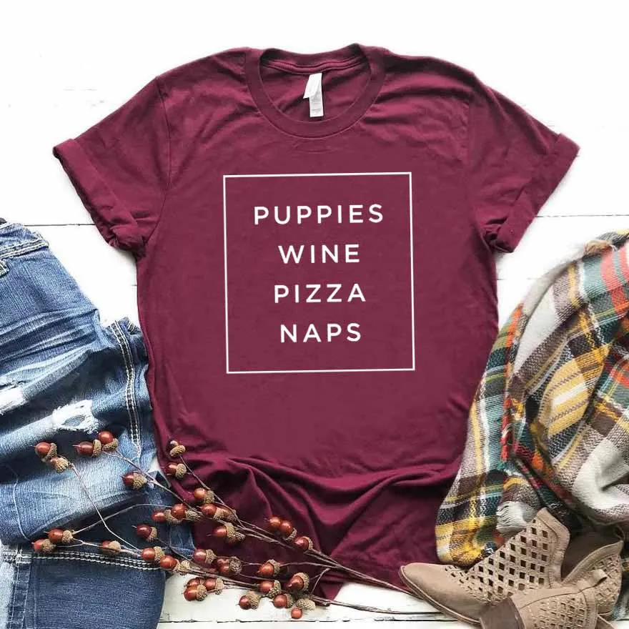

Women T Shirt Puppies Wine Pizza Naps Print Tshirt Women Short Sleeve O Neck Loose T-shirt Ladies Summer Causal Tee Shirt Tops