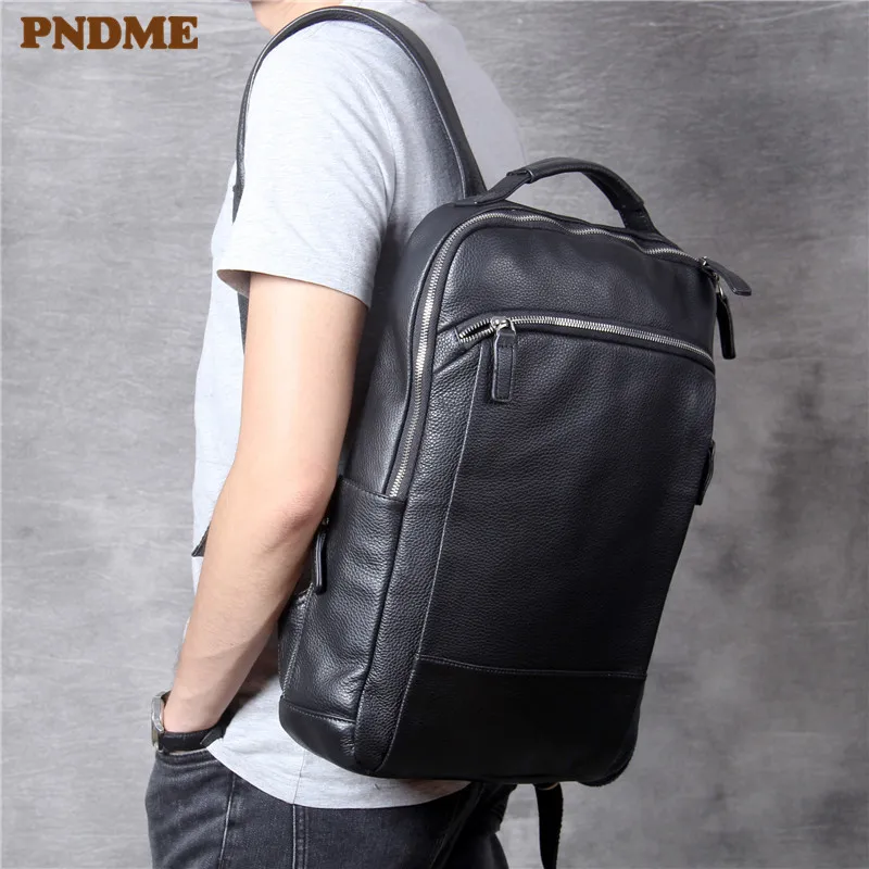 PNDME simple casual soft cowhide men women's backpack high quality genuine leather large capacity travel black laptop bagpack