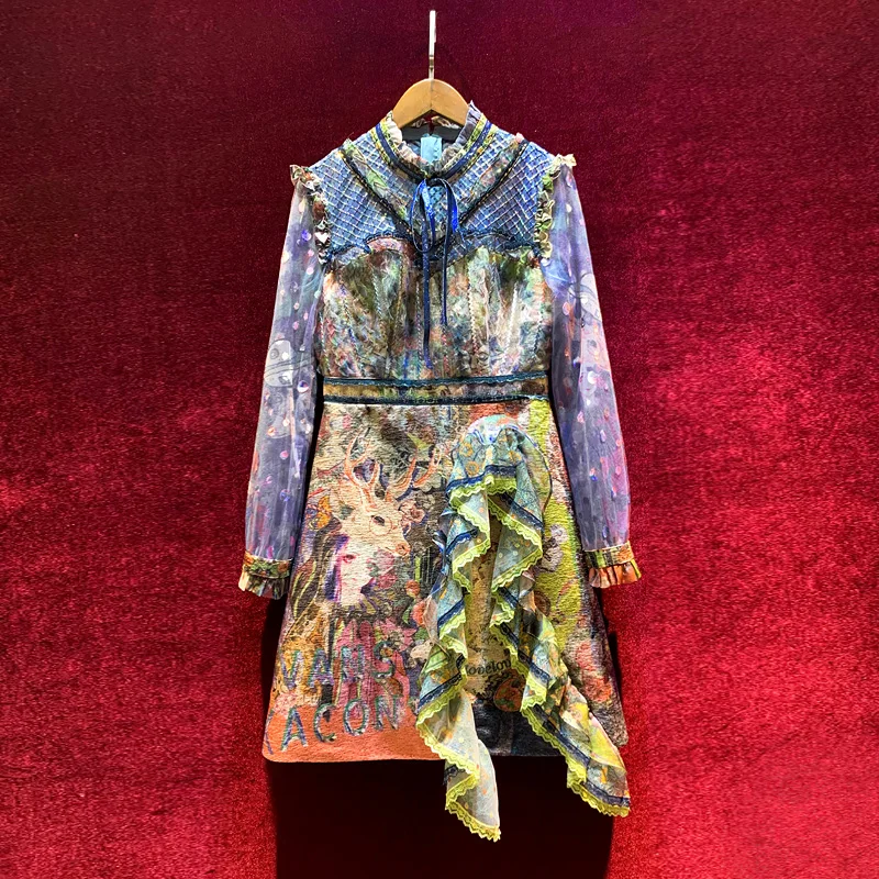 

2021 autumn new retro printed beaded design, light and mature style, slim and thin temperament high-end women dress