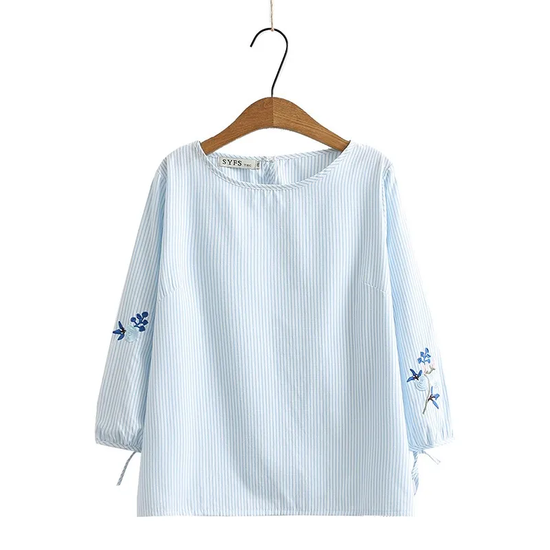 

Блузка женская из хлопка с вышивкой, Элегантная Модная рубашка в полоску, сорочка с длинным рукавом