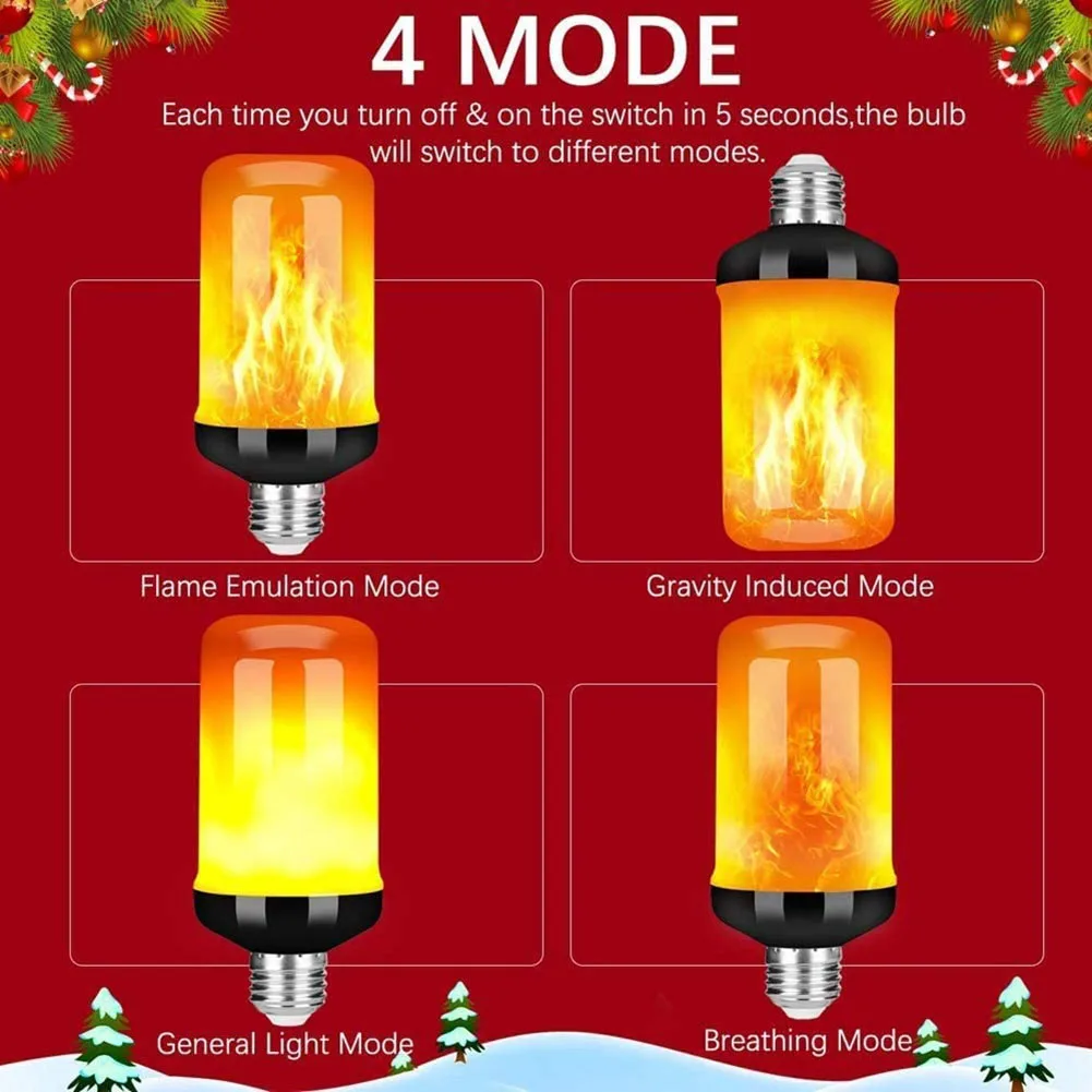 

4 PCS E27 Emulation Flame Bulb Lamp 1400K LED 4 Modes Fire Effect Flickering Light Home Decor Xmas Decoration for Bar Restaurant