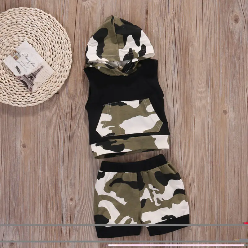 0-24Months Newborn Infant Baby Boy Clothes sets Hoodies Sleeveless Top Camouflage Short Pants Outfits Boys Casual Set
