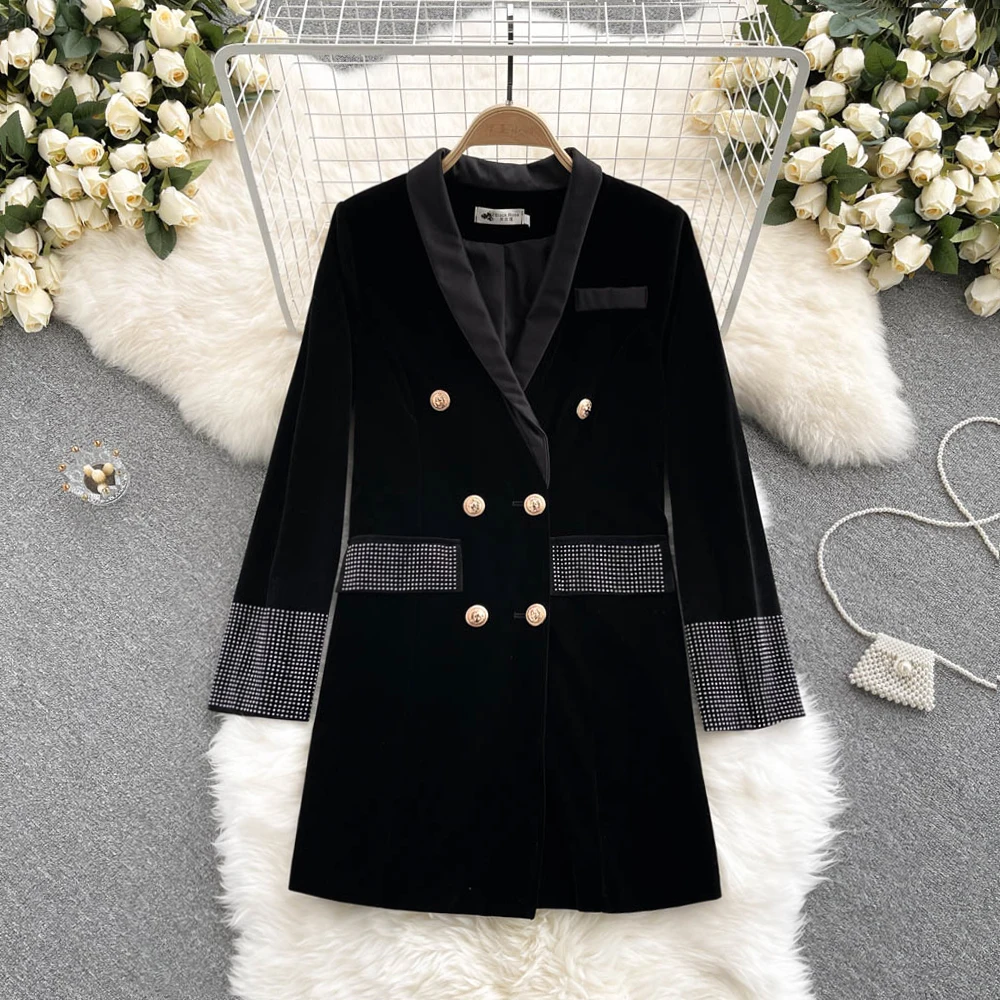 

Осеннее женское черное двубортное бархатное платье со стразами, винтажное мини-платье с английским воротником и длинным рукавом, женское п...