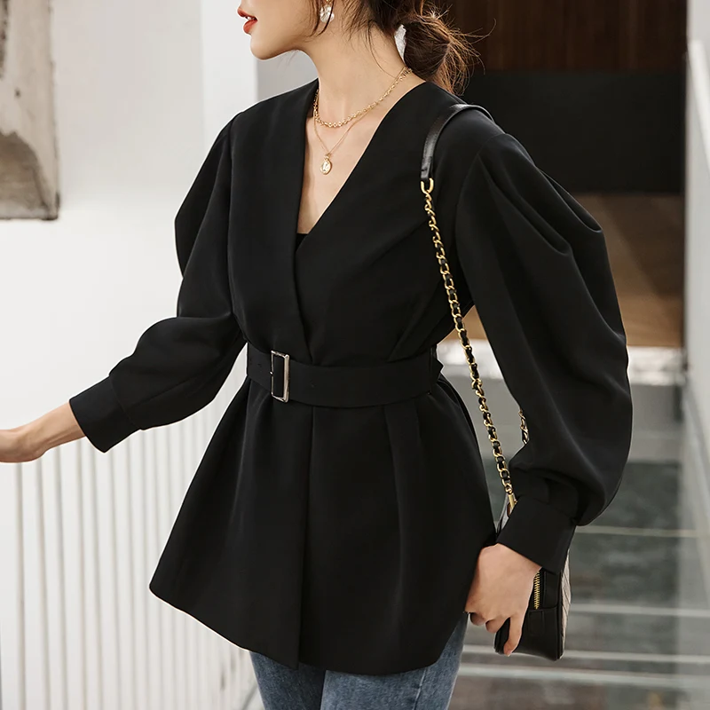 YIGELILA весенние черные пальто высокого качества с v-образным вырезом
