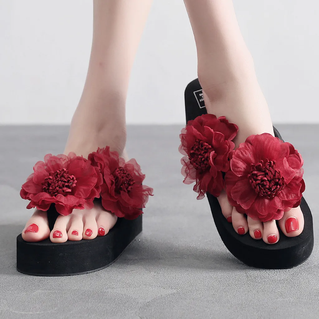 

2019 Summer Flowers Slippers Women Wedges Bohemian Slides Thick Bottom Women Beach Slippers Casual Shoes