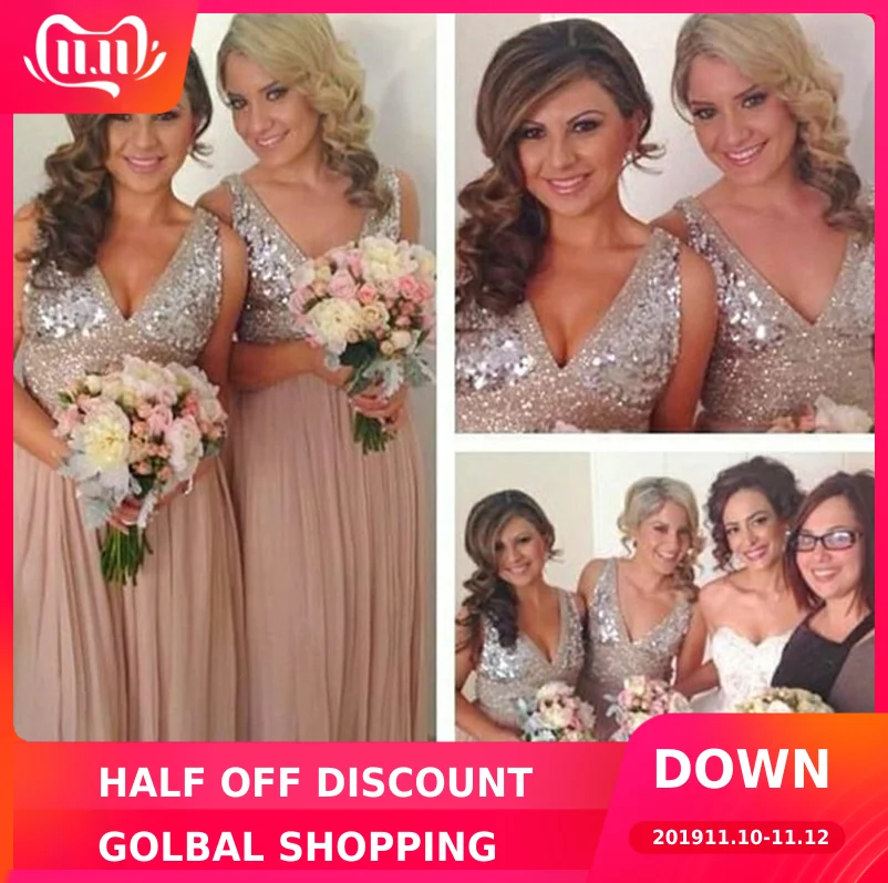 Длинные шифоновые вечерние платья с блестками и V образным вырезом|Платья