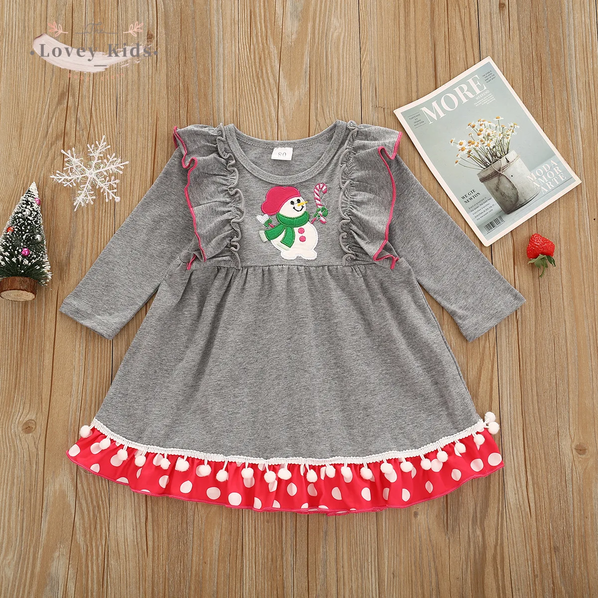 

2020 Autumn Toddler Baby Girl Cute Christmas Dress Cartoon Xmas Snowman Long Ruffle Sleeve O Neck Gray Color Party Clothing