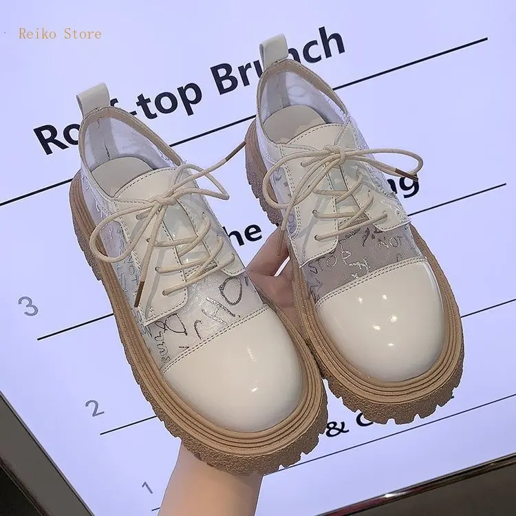 

British Style Leather Shoes Female Student Thin Mesh Breathable Small Platform Thick Bottom Shoes 2021 Spring and Summer New