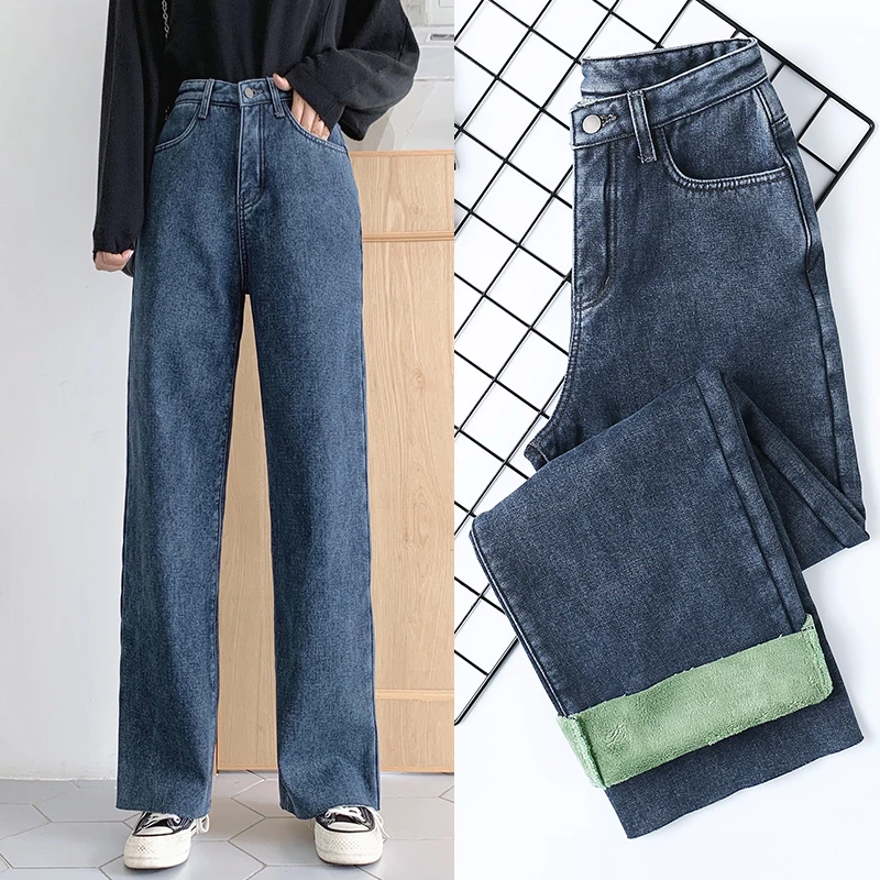 Новинка 2019 зимние женские джинсы плюс бархат высокая талия теплые прямые