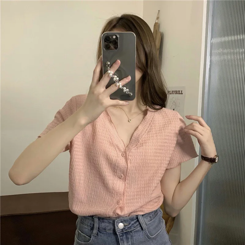 

Summer Simple and Exquisite Women's Pure Color Ruffled V-neck Short-sleeved Single-breasted Casual T-shirt with Thin Temperament