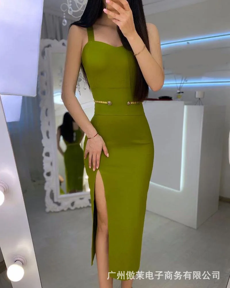 

2021 New Dress Avocado Green Sexy Split Women's Suspender Skirt