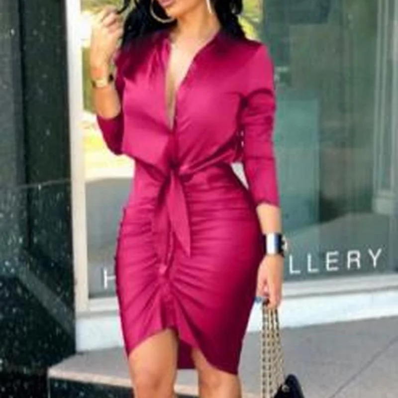 

New Sexy Temperament Self-cultivation Solid Color Long-sleeved Mid-length Shirt Pleated Mini Dress Fashion Ladies Lace-up Shirt