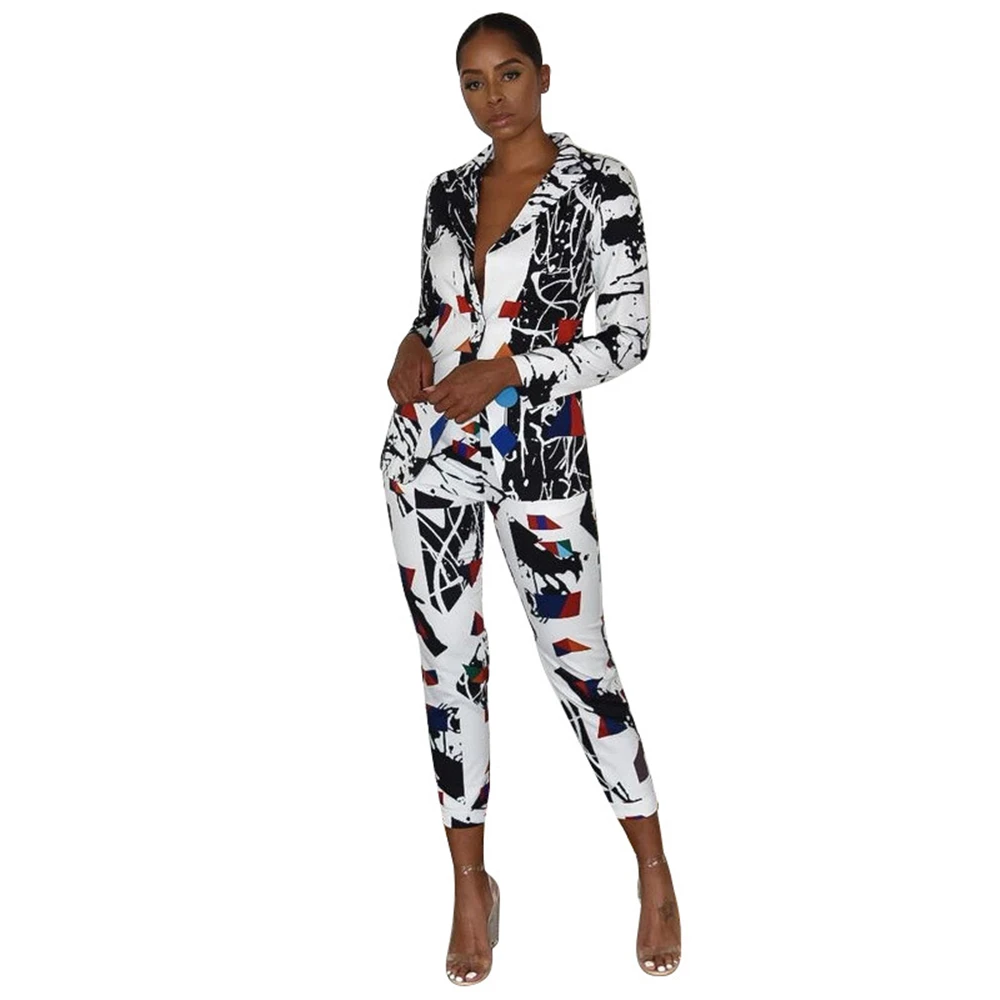 Цветной принт женские брючные костюмы Блейзер пиджак и брюки карандаш комплект