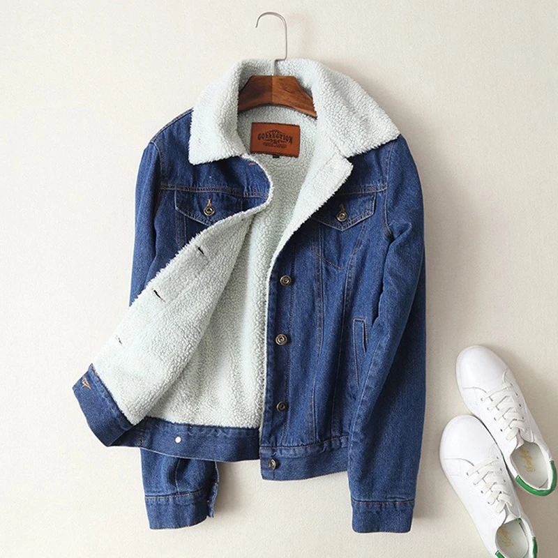 

Осенне-зимняя джинсовая куртка для женщин с хлопковой однотонной верхней одеждой с отложным воротником, однобортные плотные короткие Стил...