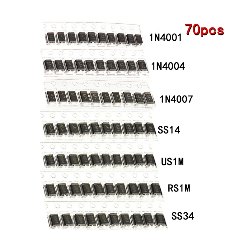 Набор диодов schottky 70 шт./лот SMD M1 1N4001 M4 1N4004 M7 1N4007 SS14 US1M RS1M SS34 7 значений * 10 шт.|Диоды| |