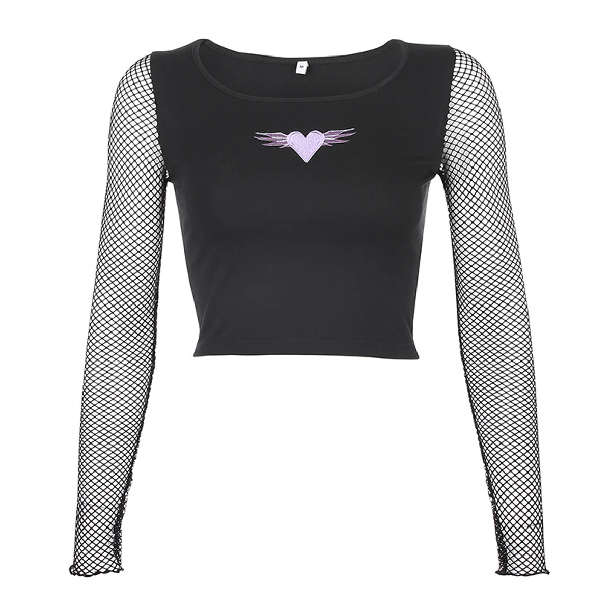 

Women Cropped Heart Shape Embroidery t shirt Summer Mesh Sleeve Patchwork Tee Shirt Femme Crop Top 2021