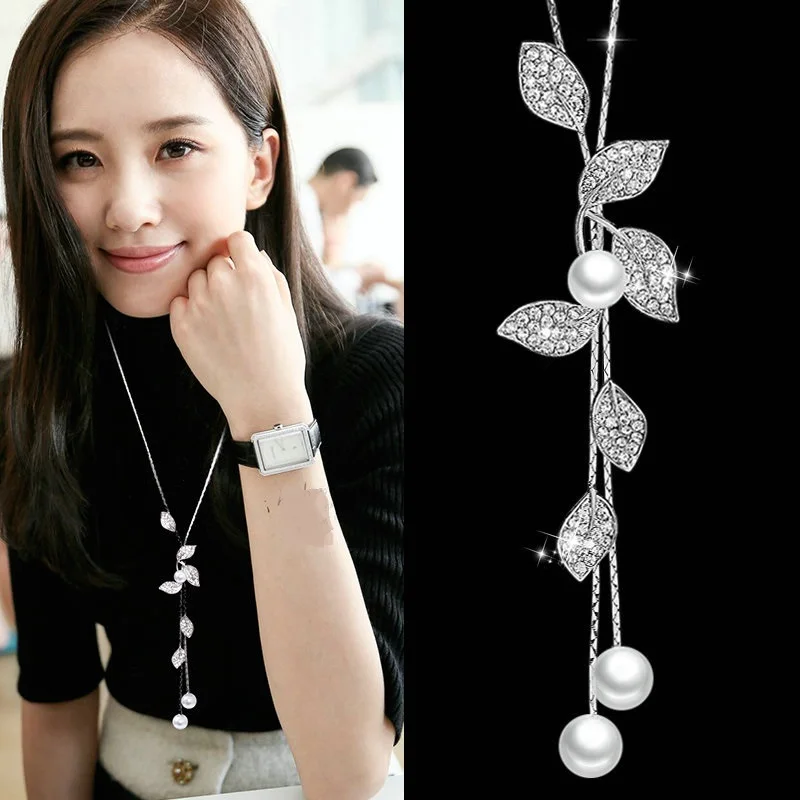 

Elegant Leaf Long Necklace Women Bijoux New Fashion Jewelry Simulated-Pearl Necklaces Pendants 2020 HOT NEW