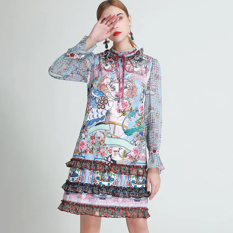 

2020 AUTUMN VINTAGE PRINT LONG SLEEVE RUFFLE DRESS