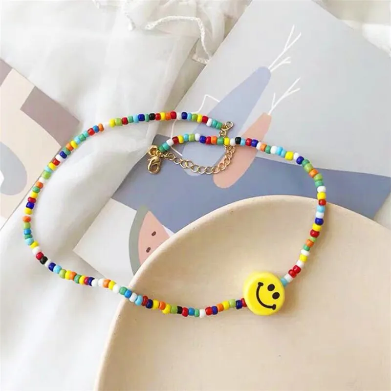 Boho, Радужный цвет, бусы, смайлик, колье, ожерелья для женщин, цветная цепочка из бисера, массивное ожерелье, ювелирное изделие, воротник, подарок