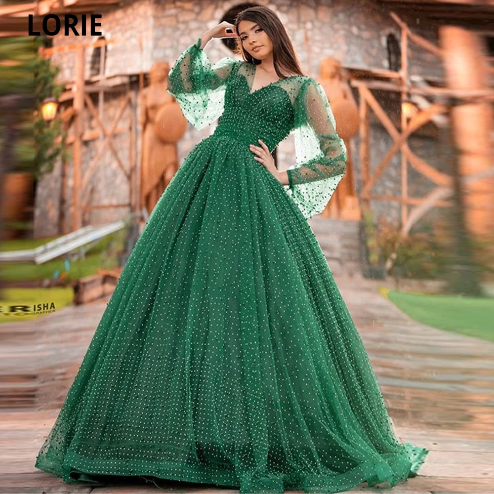LORIE Vestidos de Noche verdes con manga larga y cuello en V, vestidos de tul de princesa para baile de graduación, largos, formales, de fiesta, línea A, para celebridades (0)