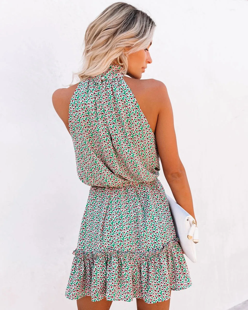 

Women Summer Dress, Floral Print Halter Mock-Neck Sleeveless Slim-Waist Ruffled Skirt for Girls, Green