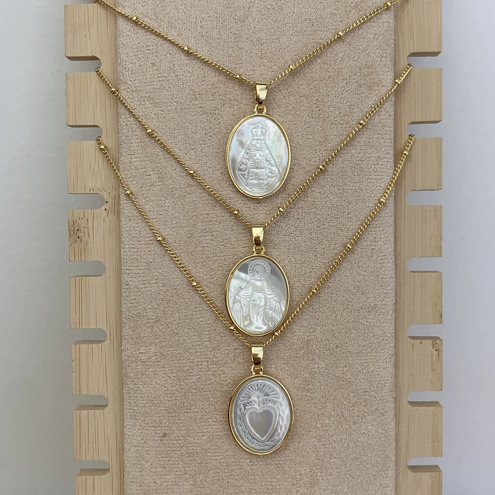 

Religious Oval Holy Sacred Heart Virgin Mary Choker Necklace For Women Natural Mother of Pearl Shell Pendant Neck Chain Jewelry