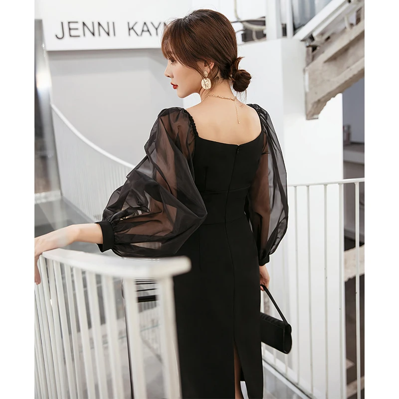 Новинка женское винтажное черное платье YIGELILA прямое с рукавами фонариками