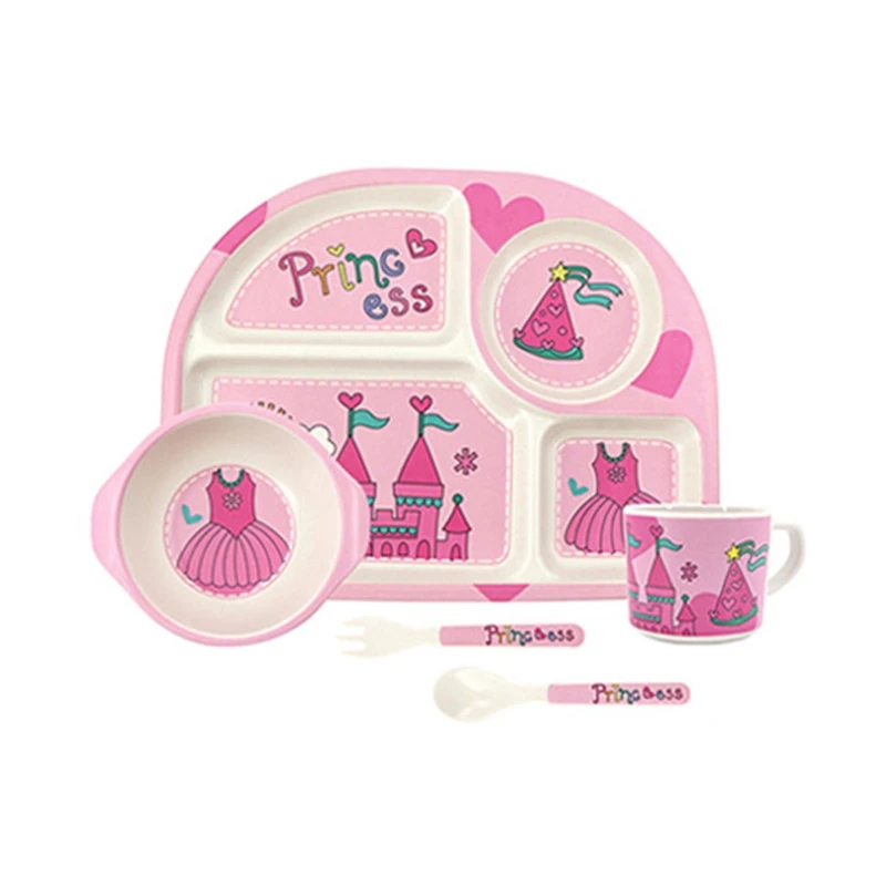 

5 Piece Toddler Kids Bamboo Dinnerware Set Cartoon Animal Food Plate Feeding Dishes Bowl Spoon Fork Cup Tableware Gifts