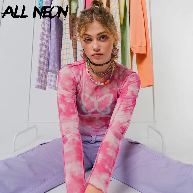 

ALLNeon 2000s Aesthetics Pink Butterfly Print Lettuce Trim T-shirts Cute Fashion Kawaii Tie Dye Long Sleeve Mesh Crop Tops Slim