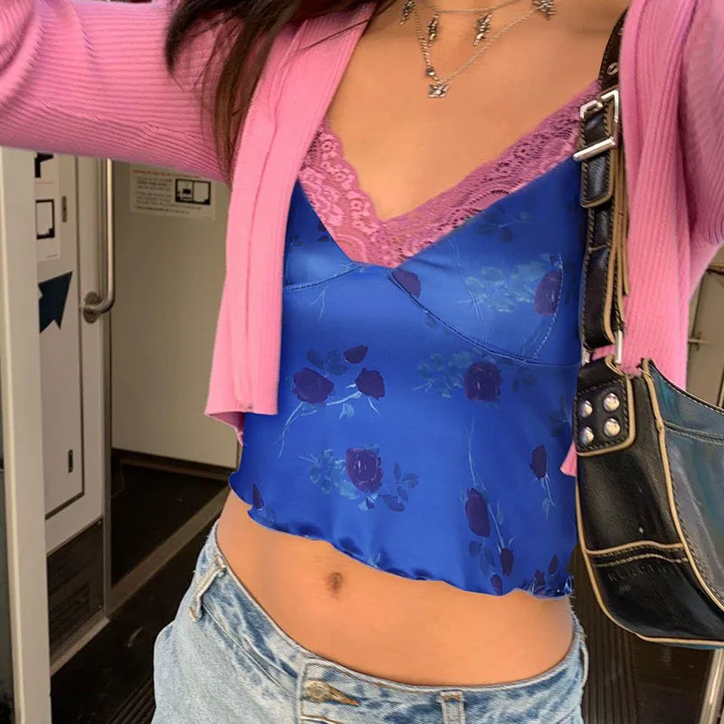 

Women Summer Backless Sleeveless Spaghetti Strap V Neck Crop Tops Tee Ladies Sexy Streetwear Floral Print Cami Pink Lace Top