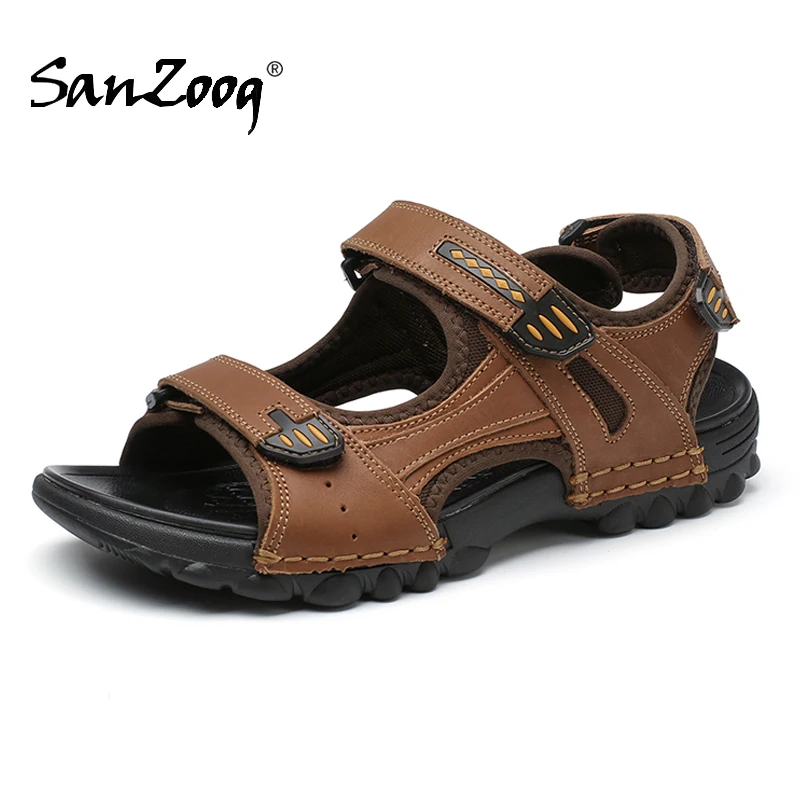 

Genuine Leather Summer Mens Sandals Beach Plus Size Flat Casual Breathable Open Sandal Sandalias Hombre Sandles 48s Hook & Loop